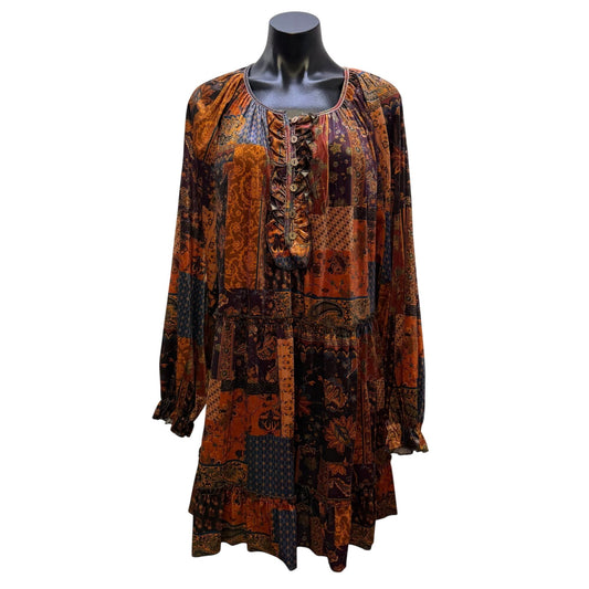 Easel Boho Patchwork Long-Sleeve Tiered Dress Orange & Blue M