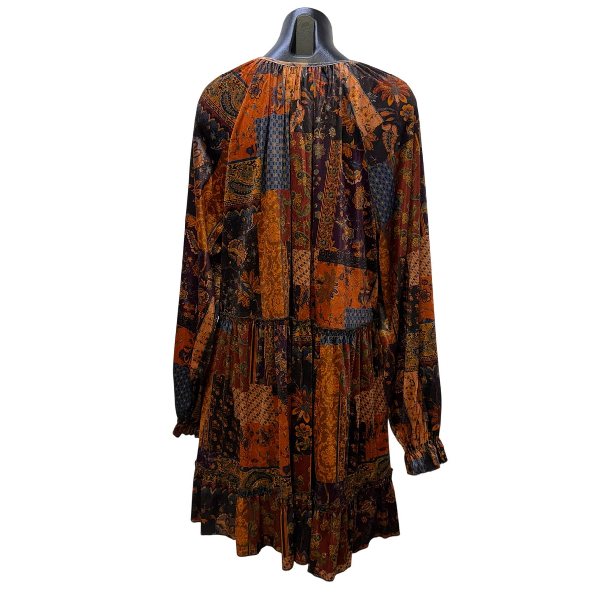 Easel Boho Patchwork Long-Sleeve Tiered Dress Orange & Blue M