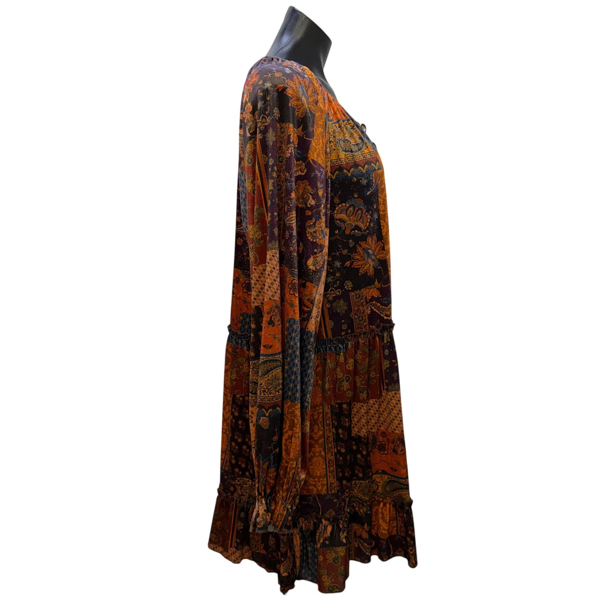 Easel Boho Patchwork Long-Sleeve Tiered Dress Orange & Blue M