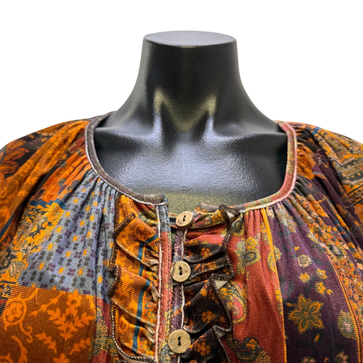 Easel Boho Patchwork Long-Sleeve Tiered Dress Orange & Blue M