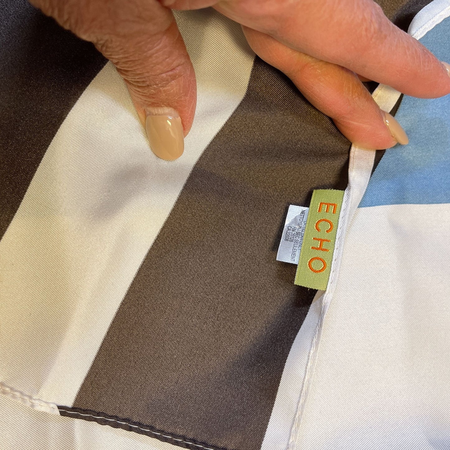 Echo Labyrinthe Geometric Print Blue Brown Silk Scarf