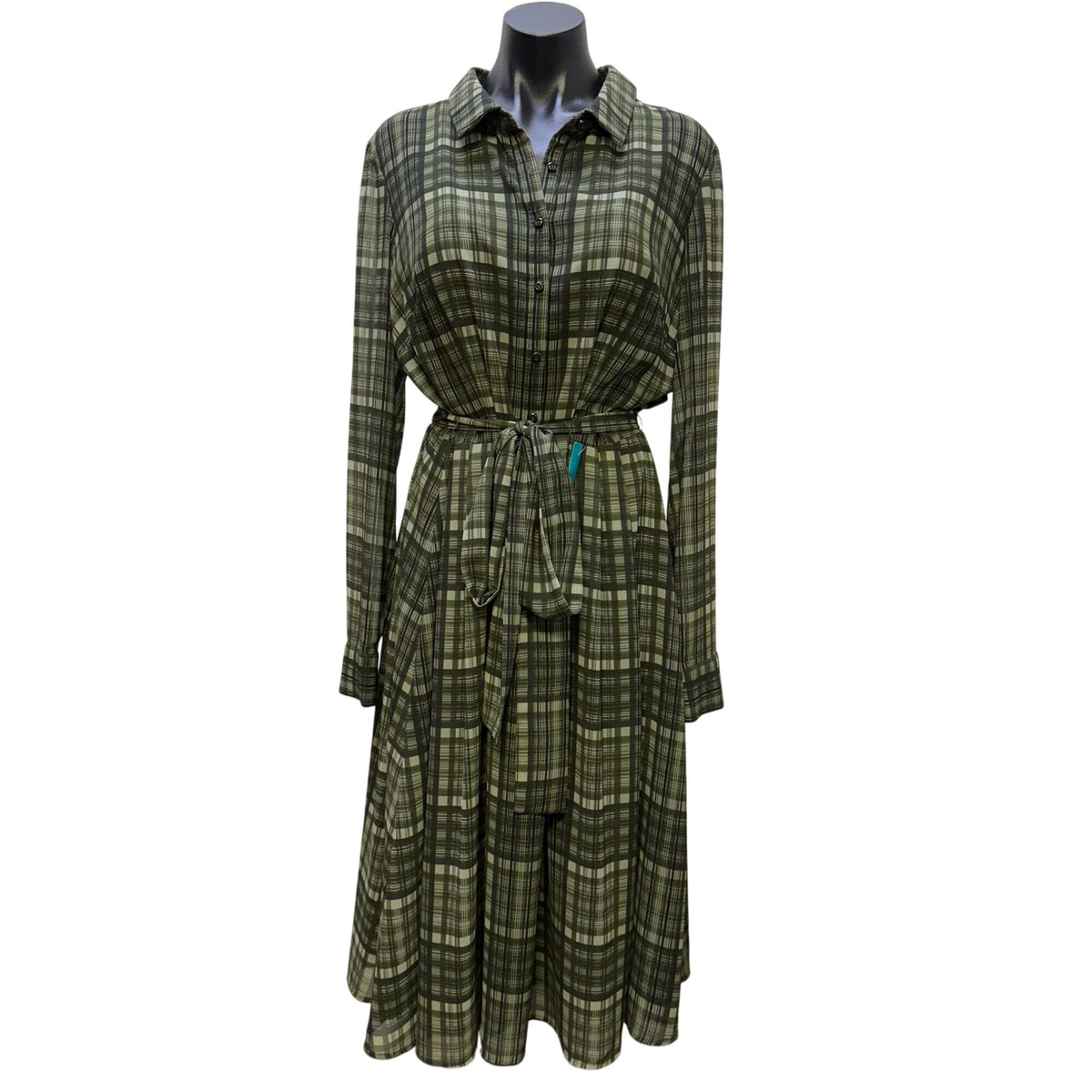 Gal Meets Glam Green Plaid Belted Midi Shirt Dress Size 14