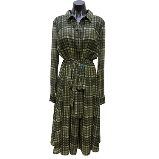 Gal Meets Glam Green Plaid Belted Midi Shirt Dress Size 14