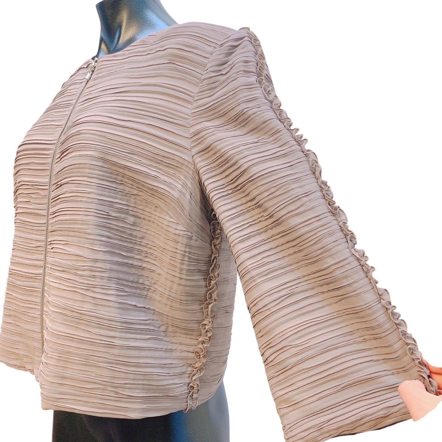 St. John SoCa Textured Pleated Jacket Zip Closure Taupe M