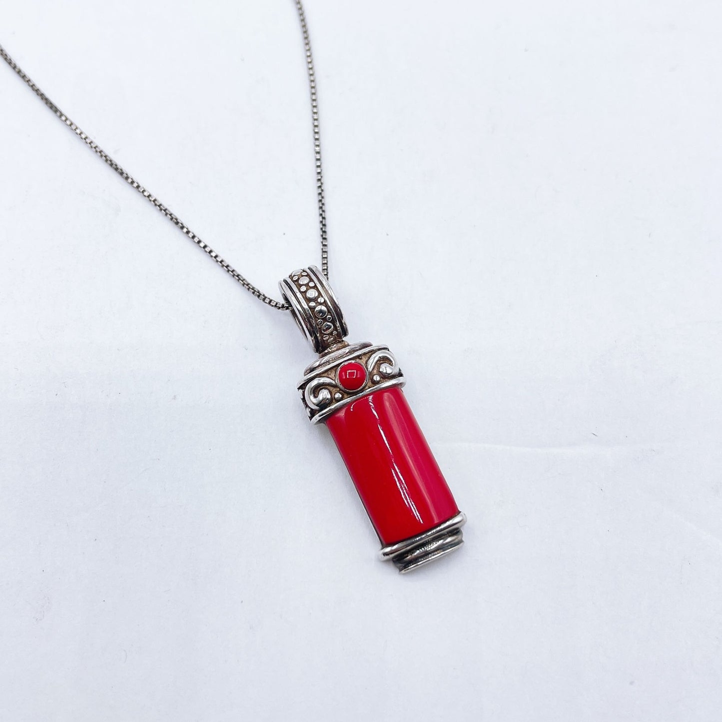 Vintage Sterling Silver & Red Stone Pendant Necklace