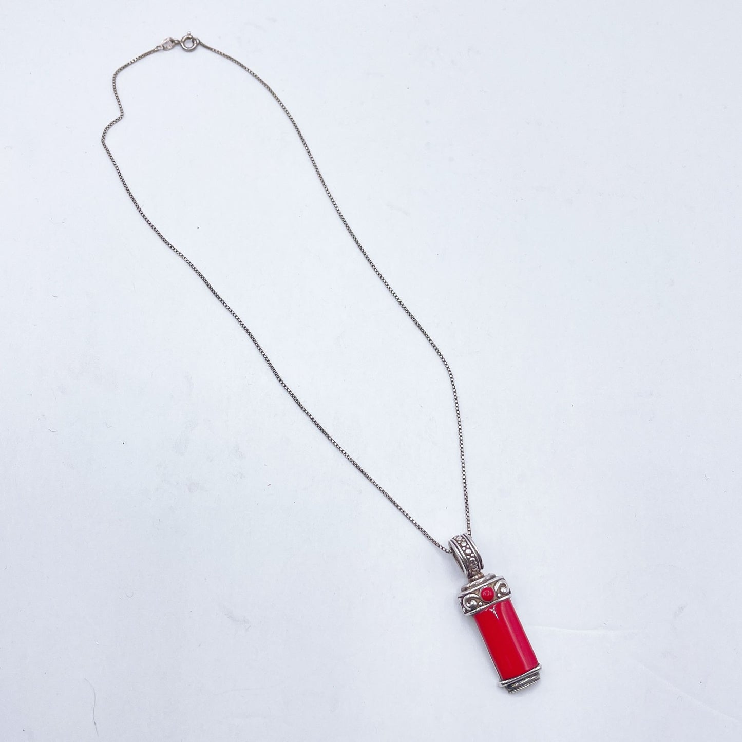 Vintage Sterling Silver & Red Stone Pendant Necklace