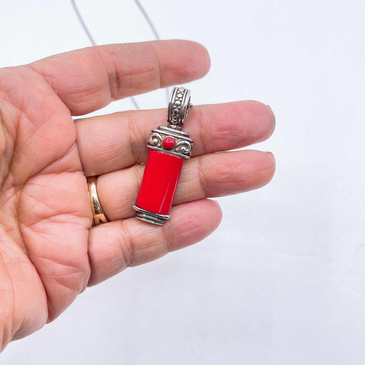 Vintage Sterling Silver & Red Stone Pendant Necklace