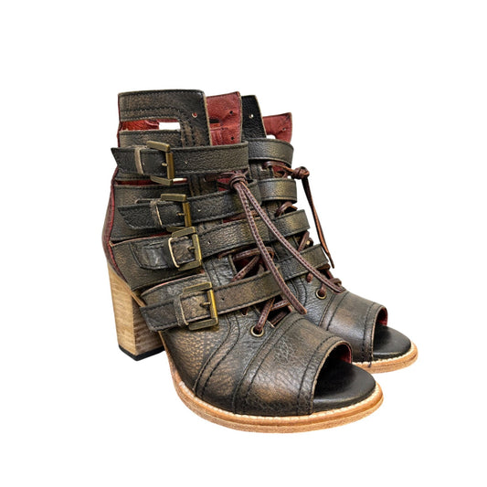 Free Bird By Steven Leather Heeled Open-Toe Sandals With Buckles Black & Burgundy 9