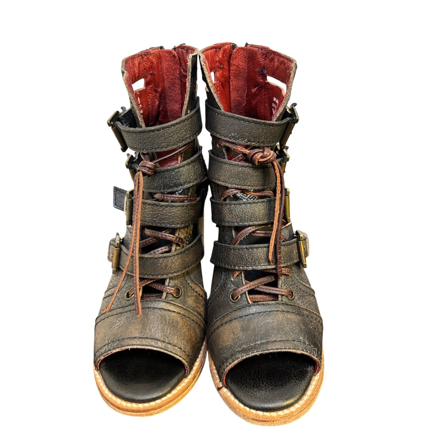 Free Bird By Steven Leather Heeled Open-Toe Sandals With Buckles Black & Burgundy 9