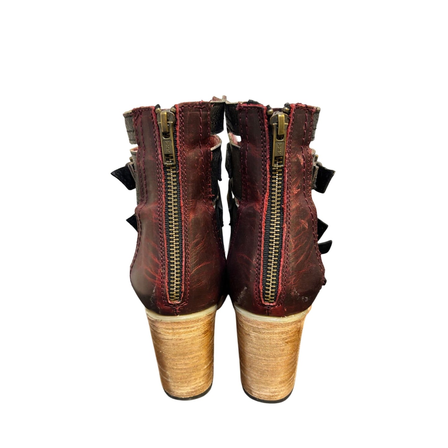 Free Bird By Steven Leather Heeled Open-Toe Sandals With Buckles Black & Burgundy 9