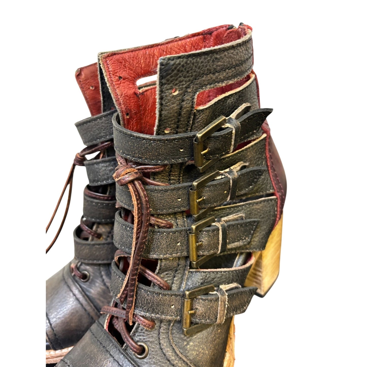 Free Bird By Steven Leather Heeled Open-Toe Sandals With Buckles Black & Burgundy 9