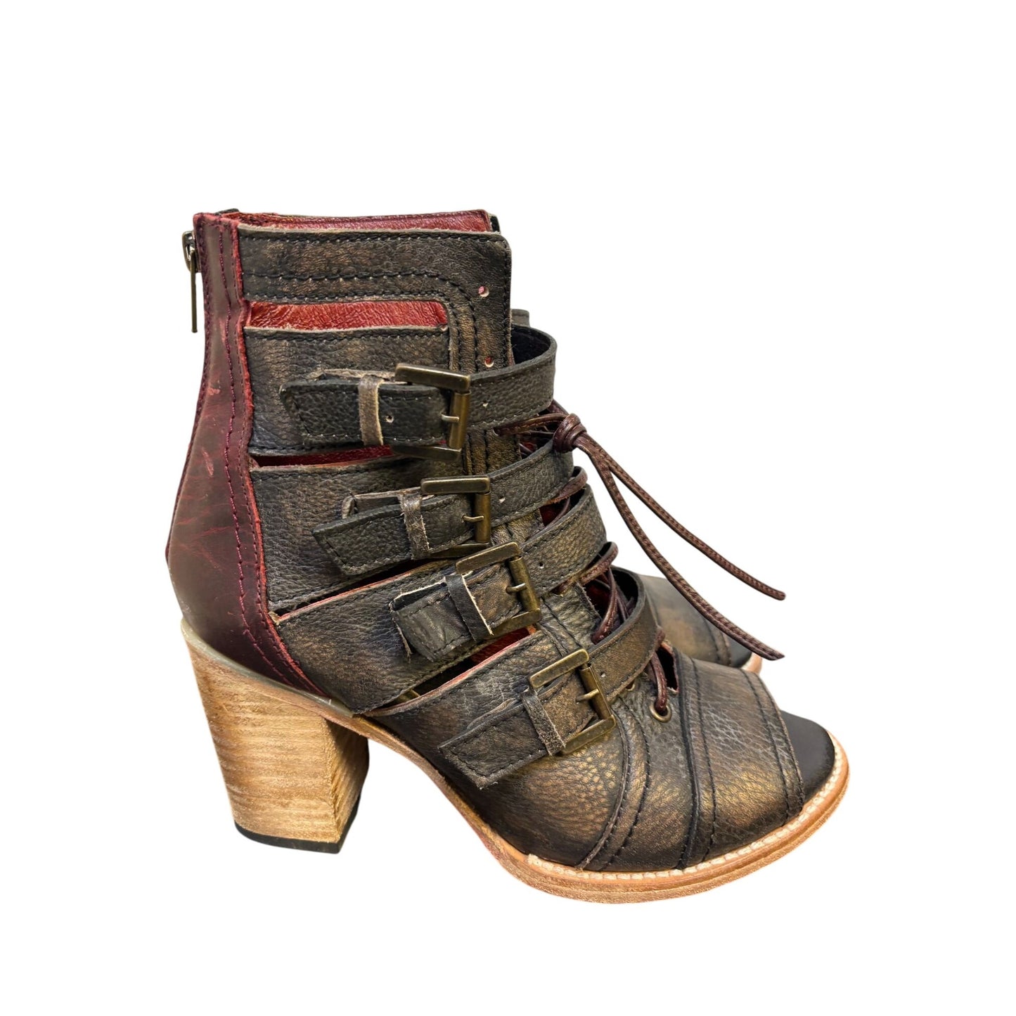 Free Bird By Steven Leather Heeled Open-Toe Sandals With Buckles Black & Burgundy 9