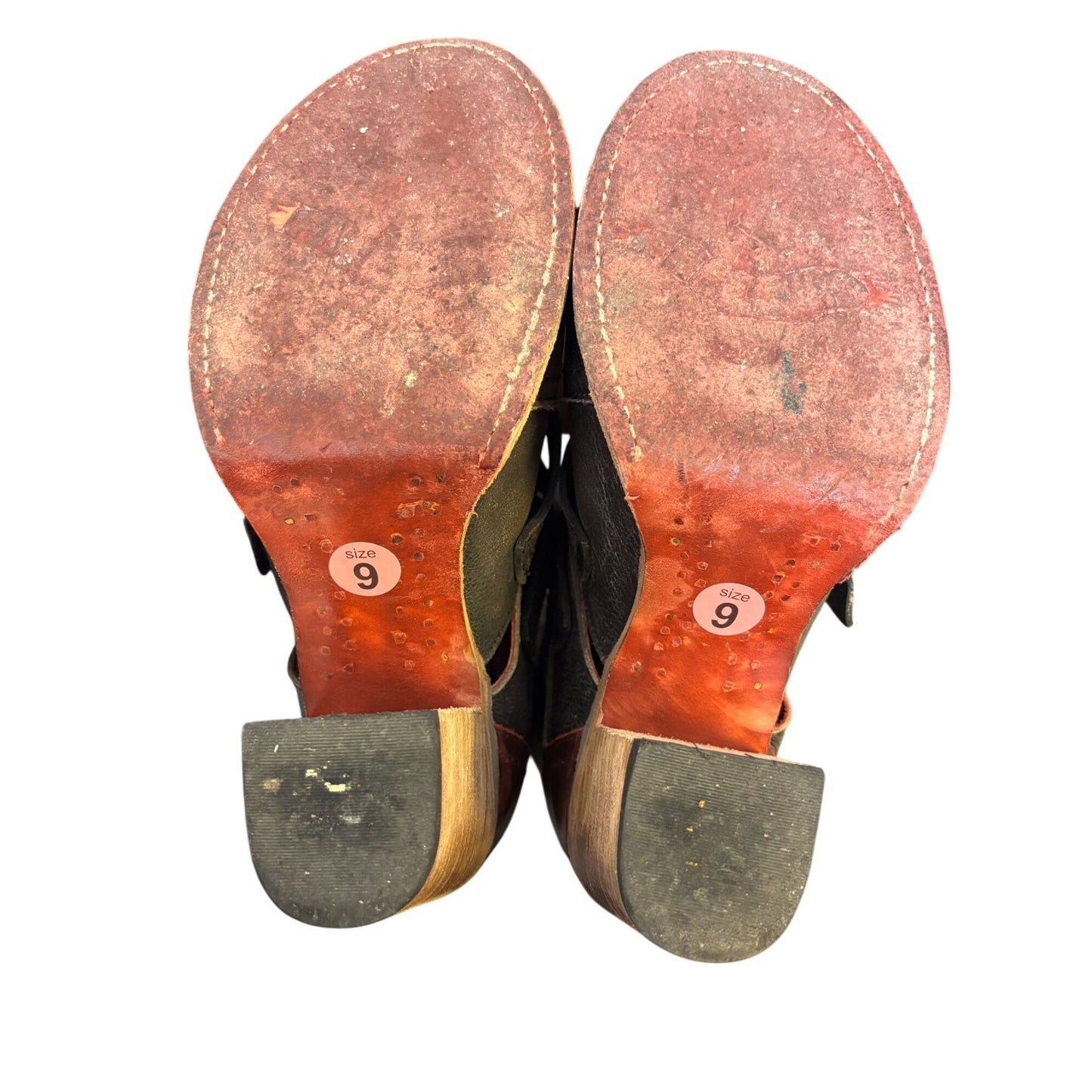 Free Bird By Steven Leather Heeled Open-Toe Sandals With Buckles Black & Burgundy 9