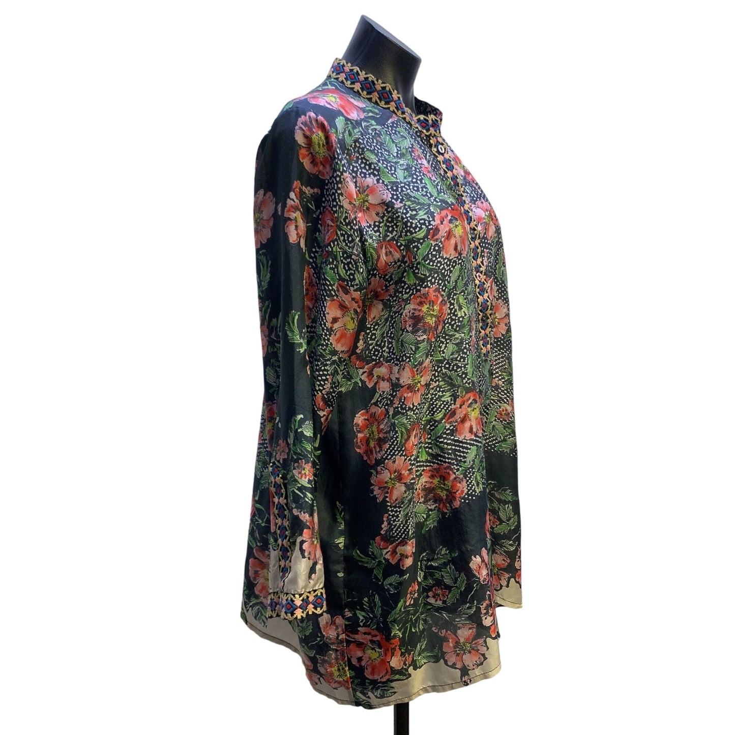 Johnny Was Gray w/Multicolored Print & Embroidered Collar & Sleeve Silk Tunic Blouse Size Medium