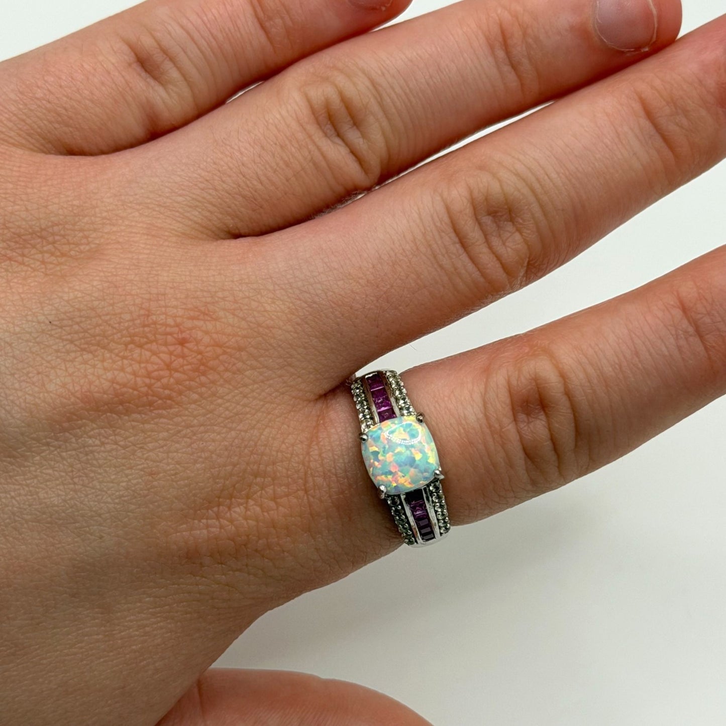 925 Sterling Silver Opal & Amethyst Accent Ring Size 7