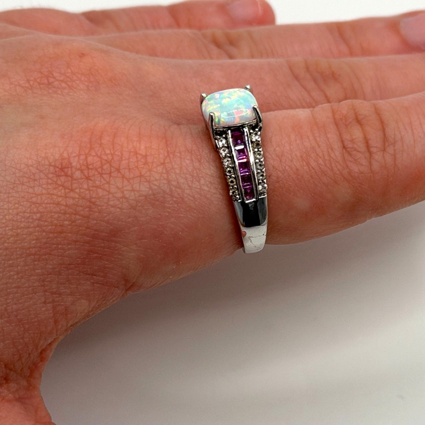 925 Sterling Silver Opal & Amethyst Accent Ring Size 7