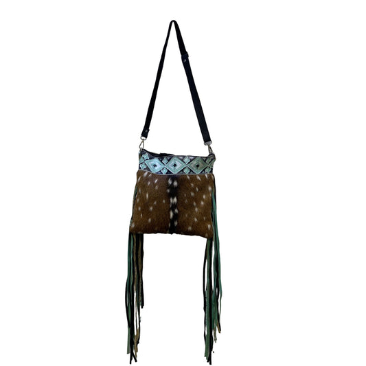 Handmade Cowhide & Aztec Print Fringe Crossbody Bag