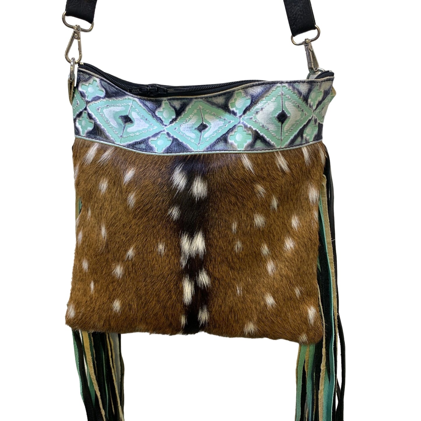 Handmade Cowhide & Aztec Print Fringe Crossbody Bag