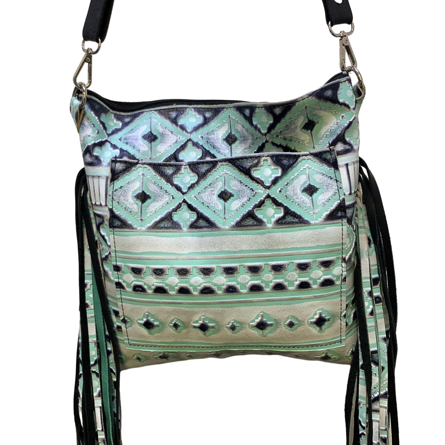 Handmade Cowhide & Aztec Print Fringe Crossbody Bag