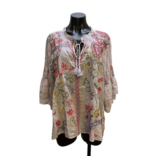 Johnny Was Workshop Purple & White Striped Embroidered Blouse Size L