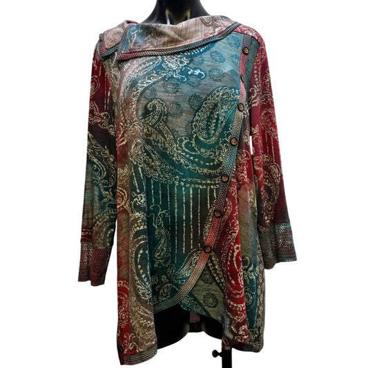NWT Ali Miles Teal & Red Asymmetrical Button Shirt With Collar L