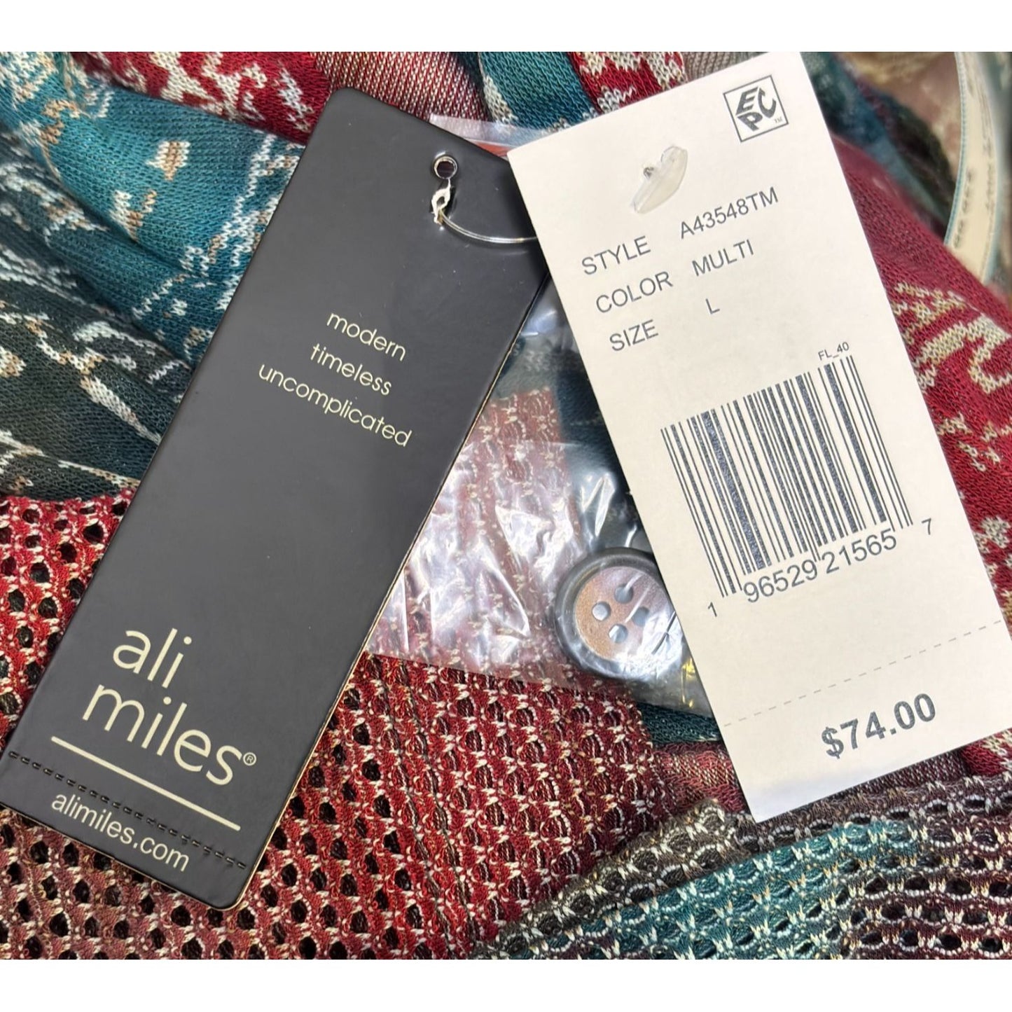 NWT Ali Miles Teal & Red Asymmetrical Button Shirt With Collar L
