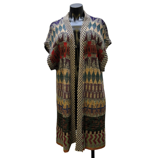 Renata Z Woven Sweater Vest Tan Multi Open Front L