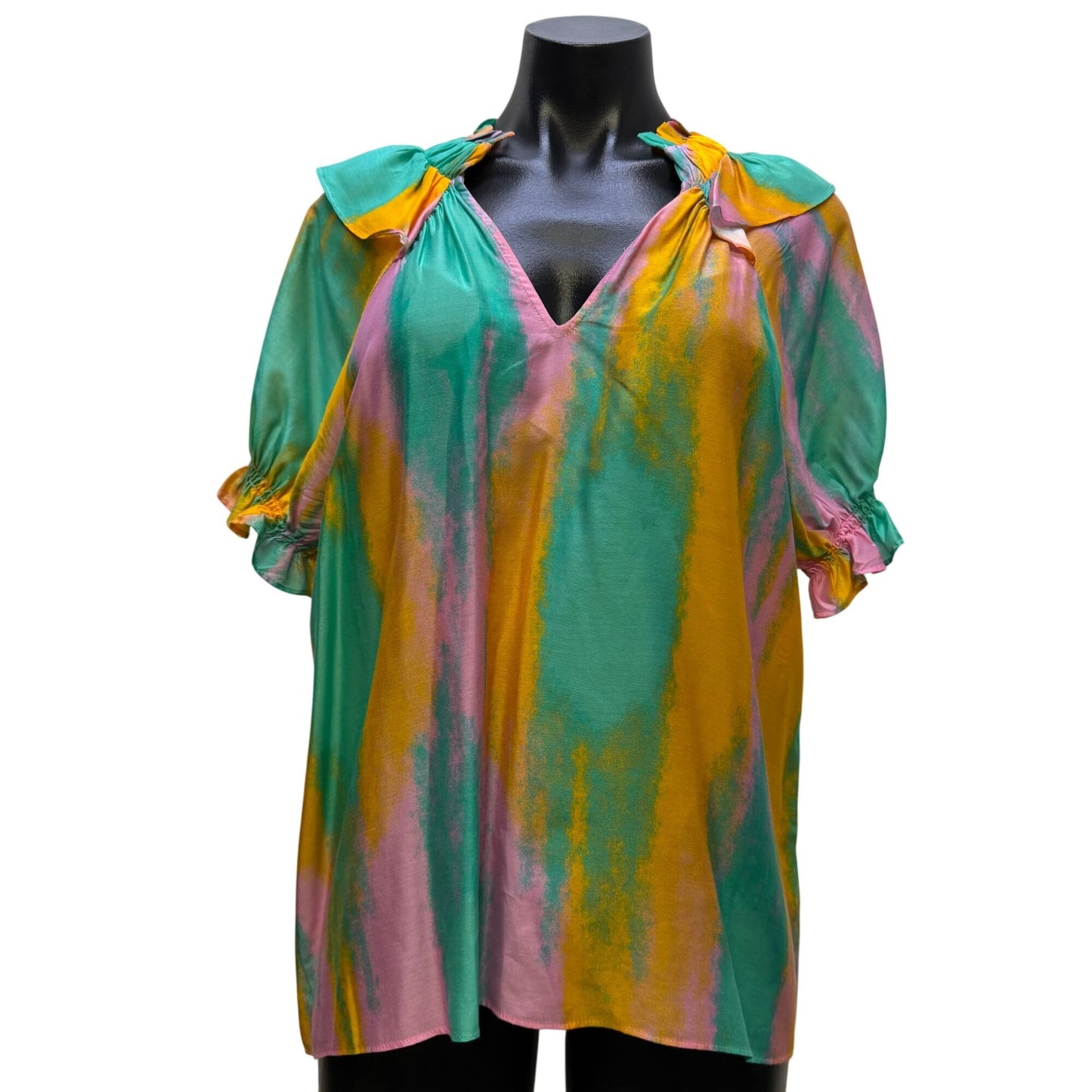 Caballero Blouse In Orange Turquoise & Pink With Ruffle Neckline S