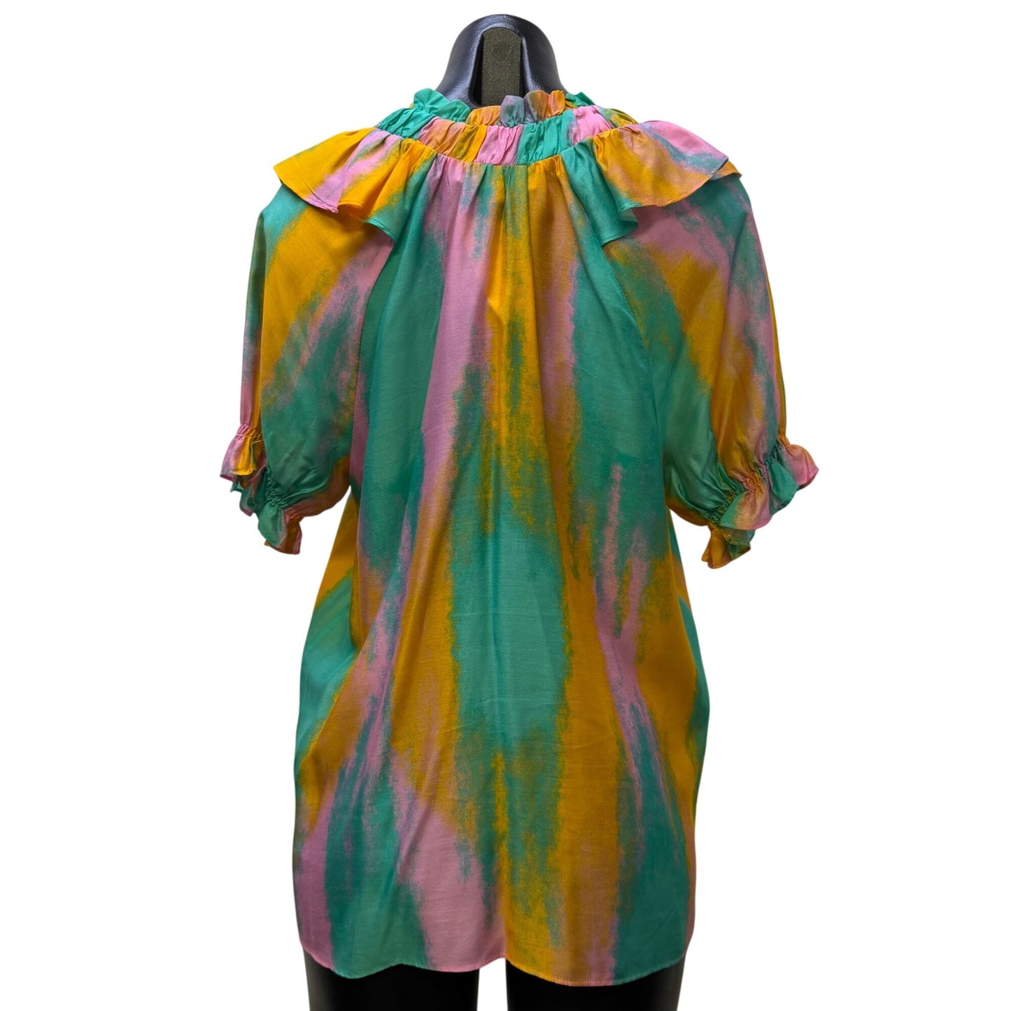 Caballero Blouse In Orange Turquoise & Pink With Ruffle Neckline S