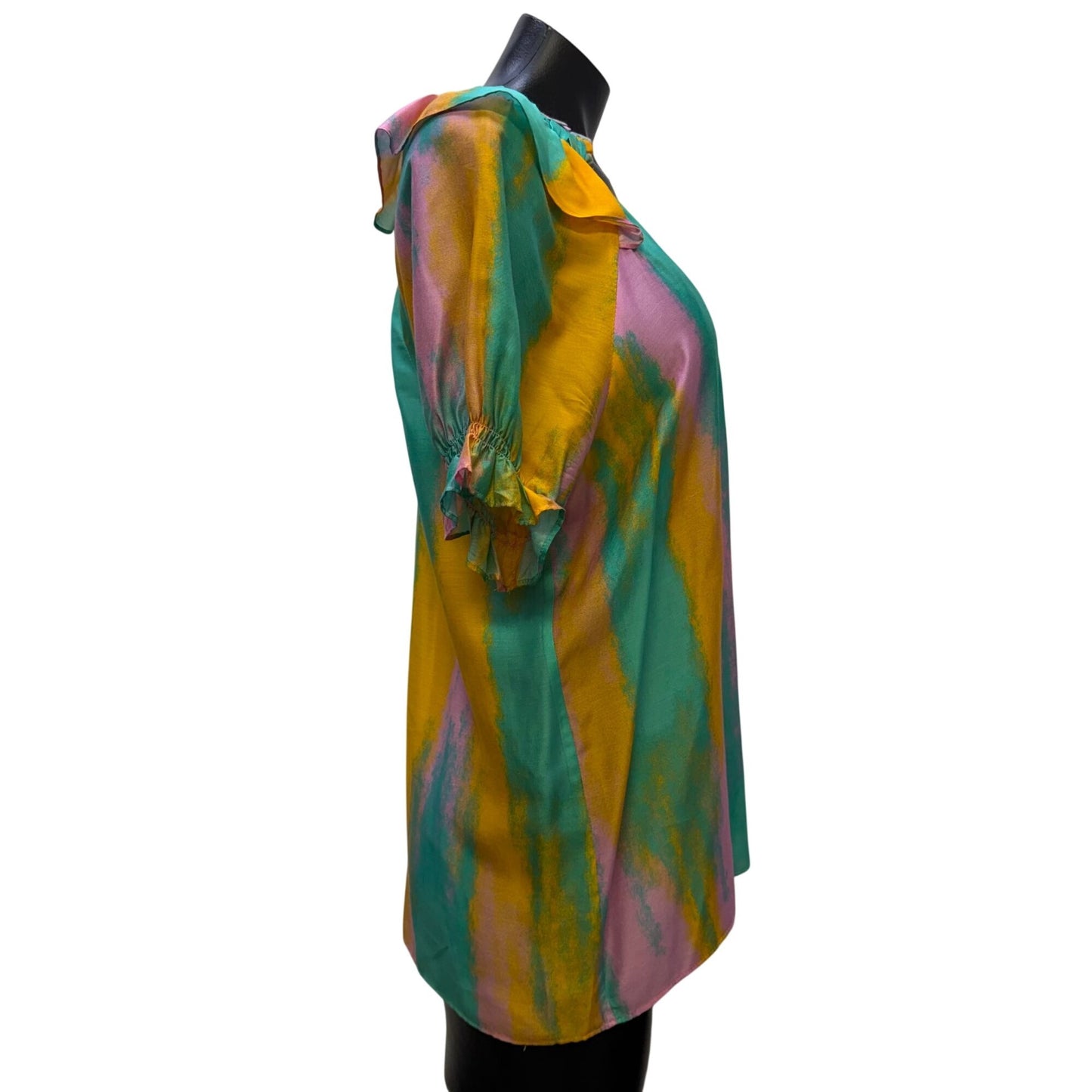 Caballero Blouse In Orange Turquoise & Pink With Ruffle Neckline S