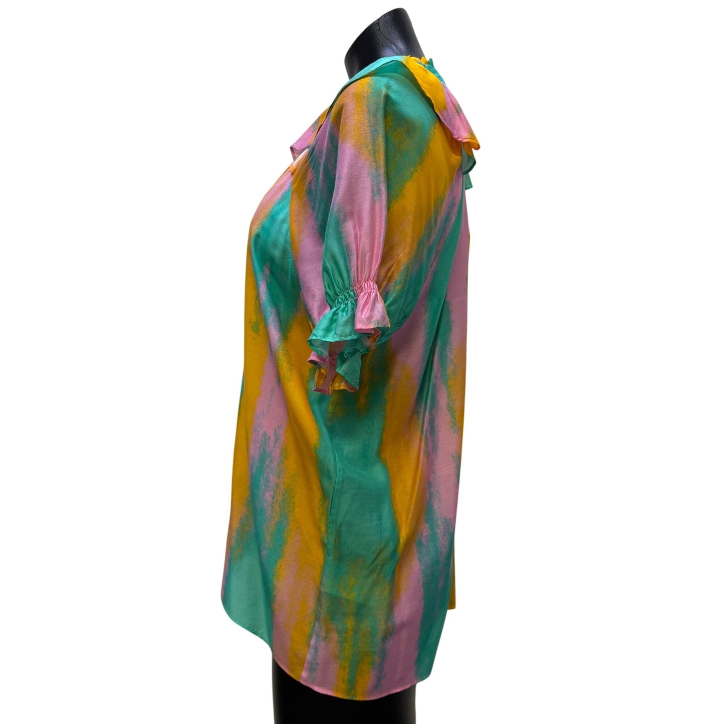 Caballero Blouse In Orange Turquoise & Pink With Ruffle Neckline S