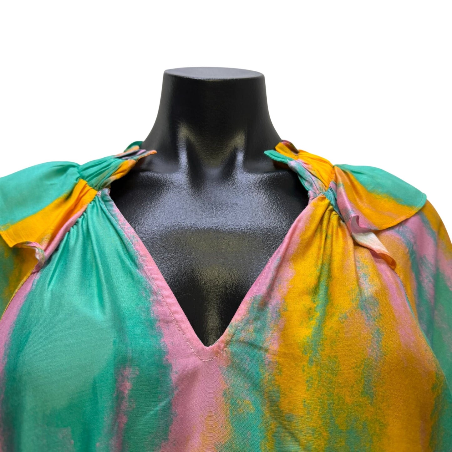 Caballero Blouse In Orange Turquoise & Pink With Ruffle Neckline S