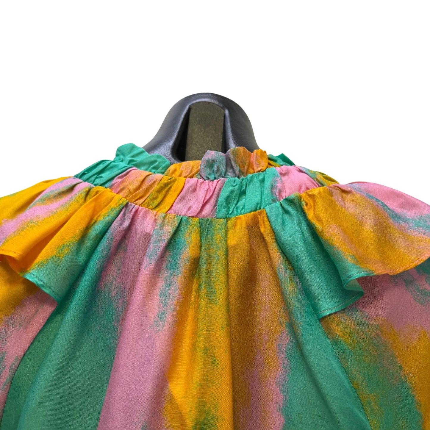 Caballero Blouse In Orange Turquoise & Pink With Ruffle Neckline S