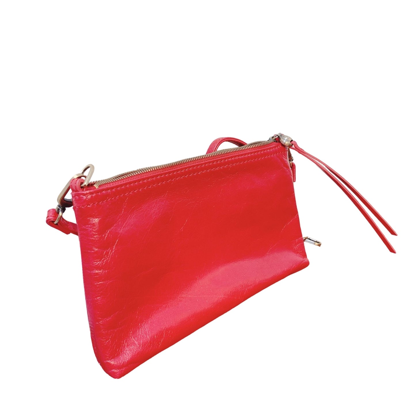 Hobo Red Leather Crossbody Bag With Adjustable Strap & Zipper Closure