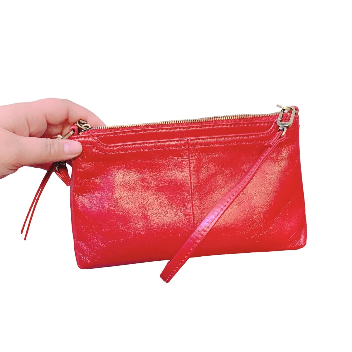 Hobo Red Leather Crossbody Bag With Adjustable Strap & Zipper Closure