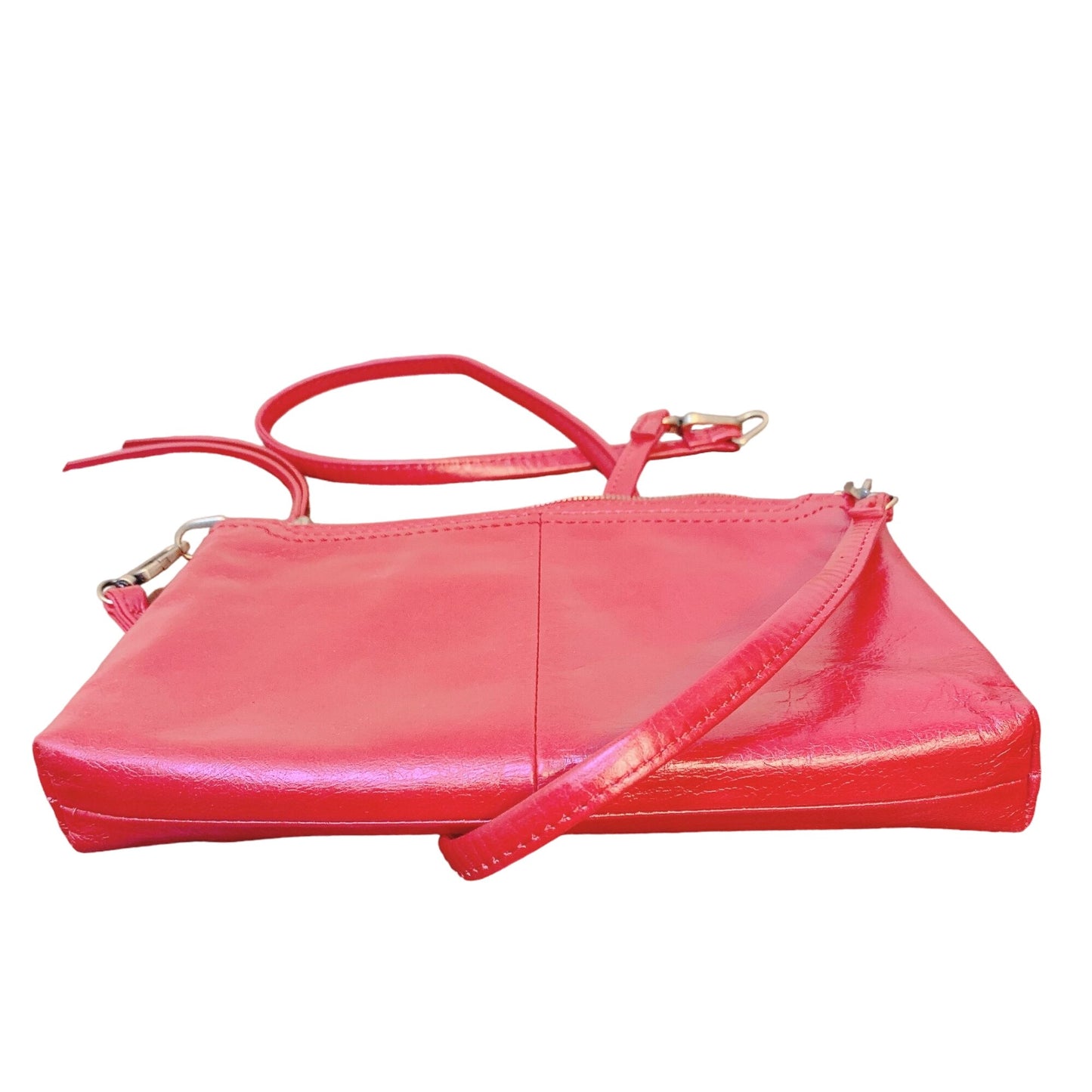 Hobo Red Leather Crossbody Bag With Adjustable Strap & Zipper Closure