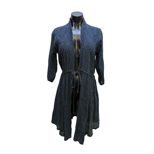 Johnny Was Vintage Navy Embroidered Open Front Cardigan w/Drawstring Waist