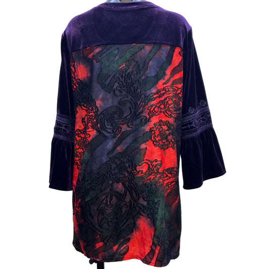 Calessa Purple Floral Embroidered Velour Tunic Top Large Bohemian Style L