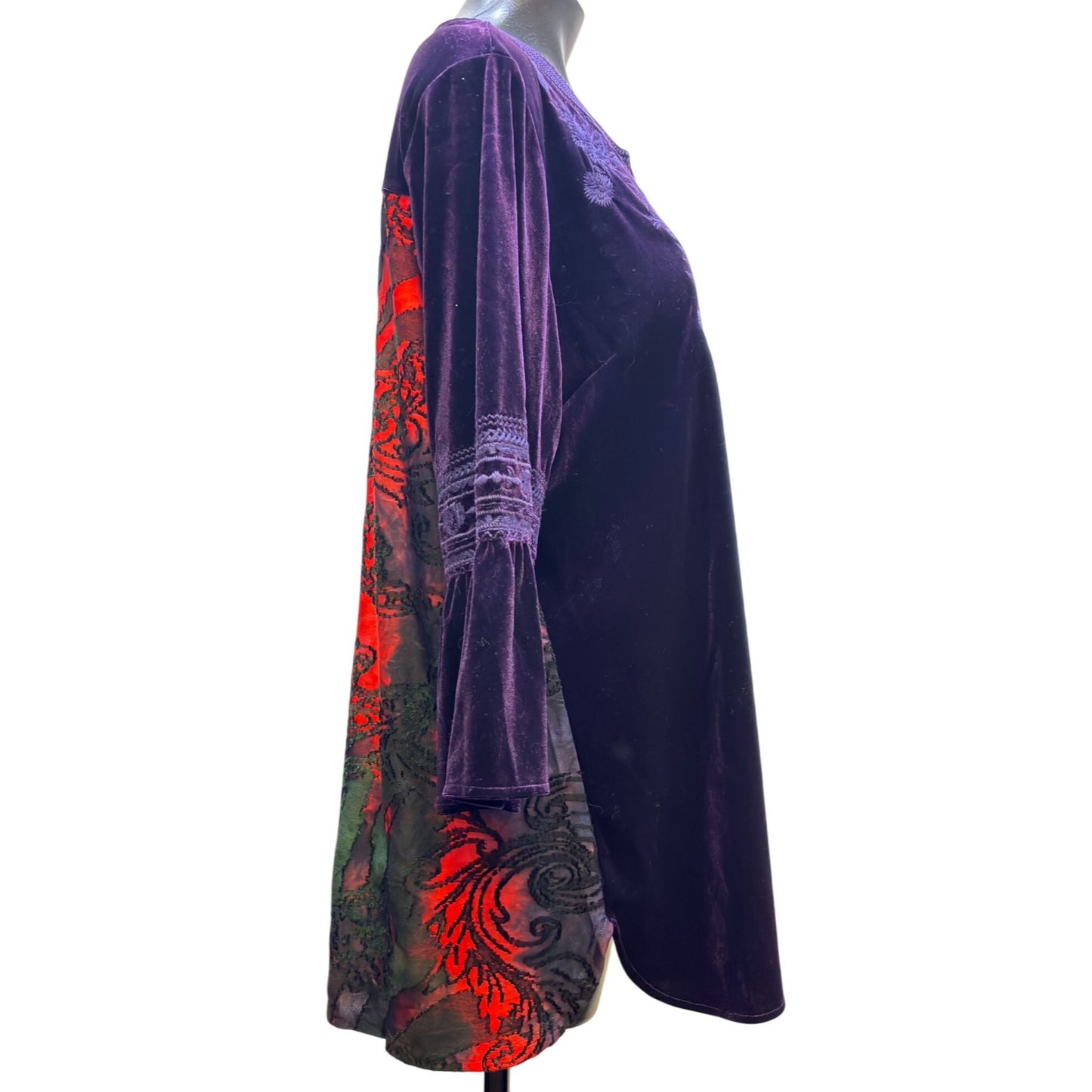 Calessa Purple Floral Embroidered Velour Tunic Top Large Bohemian Style L