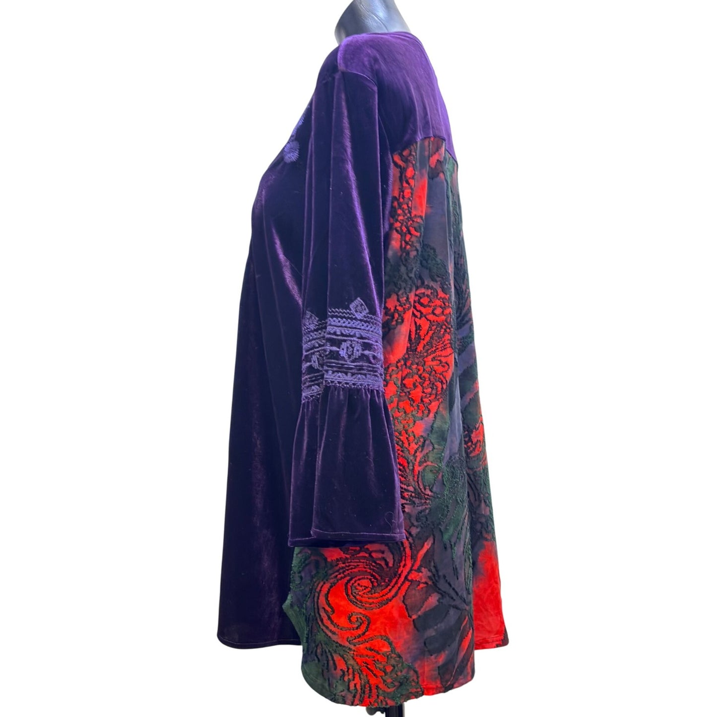 Calessa Purple Floral Embroidered Velour Tunic Top Large Bohemian Style L