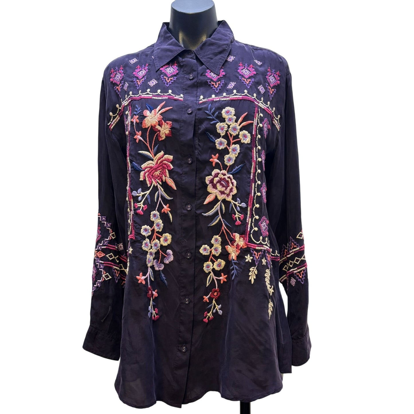 NWT Johnny Was Purple Embroidered Curacao Oversized Shirt Tunic Button Front M