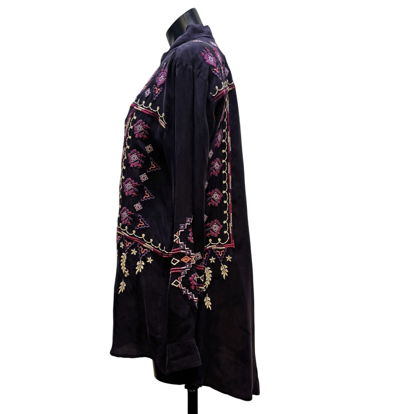 NWT Johnny Was Purple Embroidered Curacao Oversized Shirt Tunic Button Front M
