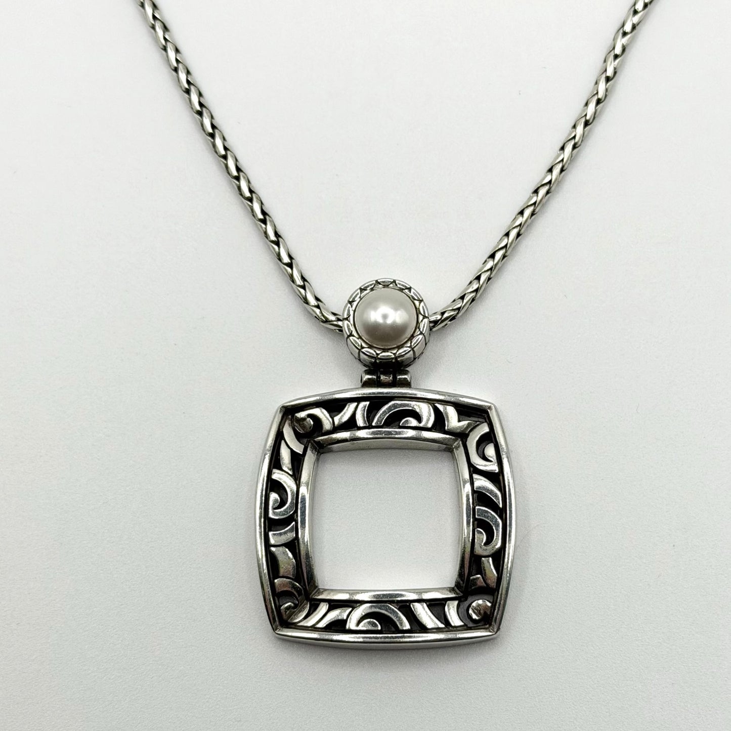 Brighton Filigree Square Silver-Tone Pearl Pendant Necklace Adjustable Chain