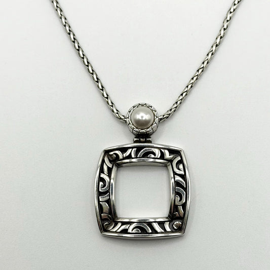 Brighton Filigree Square Silver-Tone Pearl Pendant Necklace Adjustable Chain
