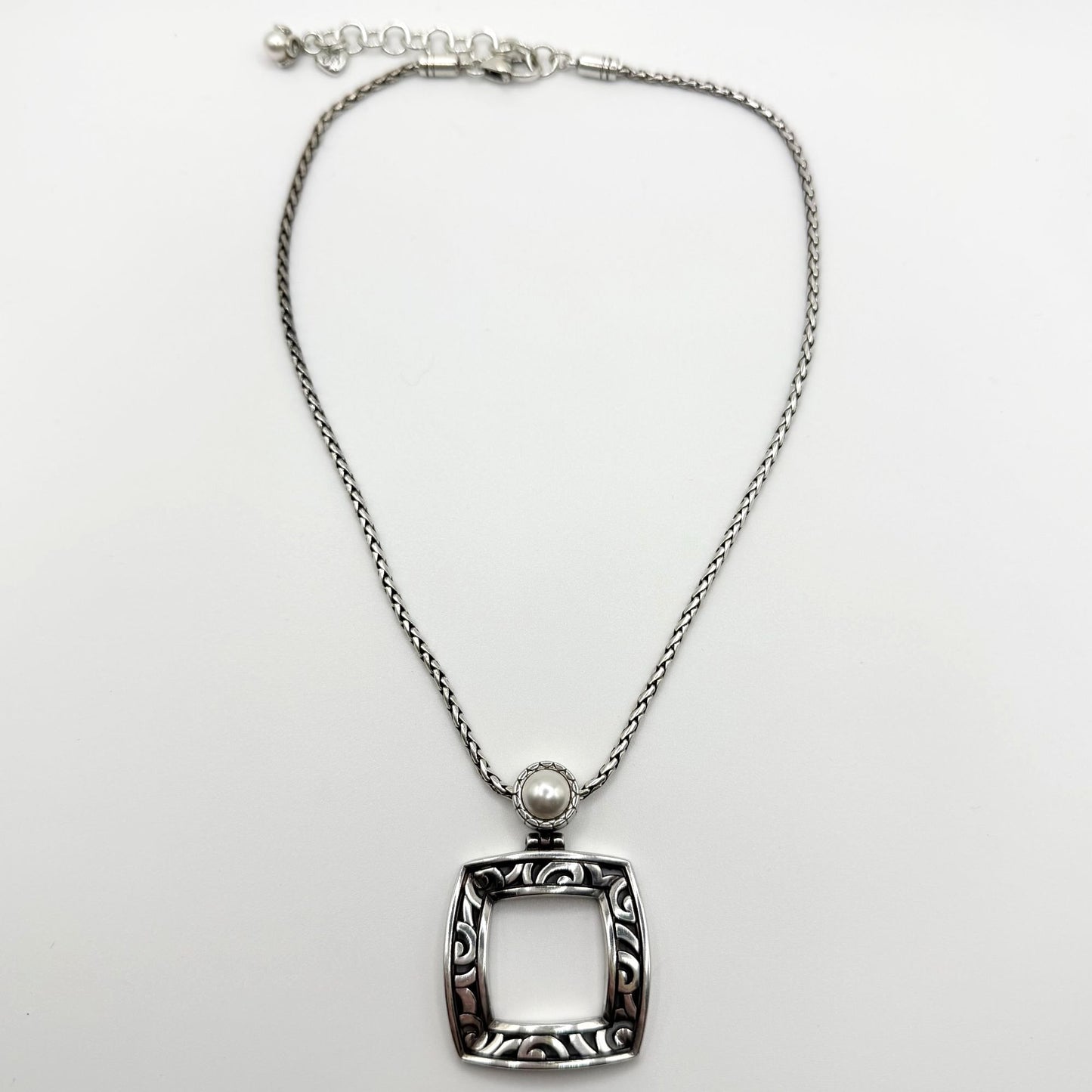 Brighton Filigree Square Silver-Tone Pearl Pendant Necklace Adjustable Chain