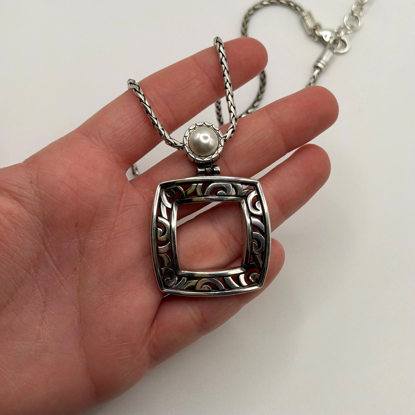 Brighton Filigree Square Silver-Tone Pearl Pendant Necklace Adjustable Chain