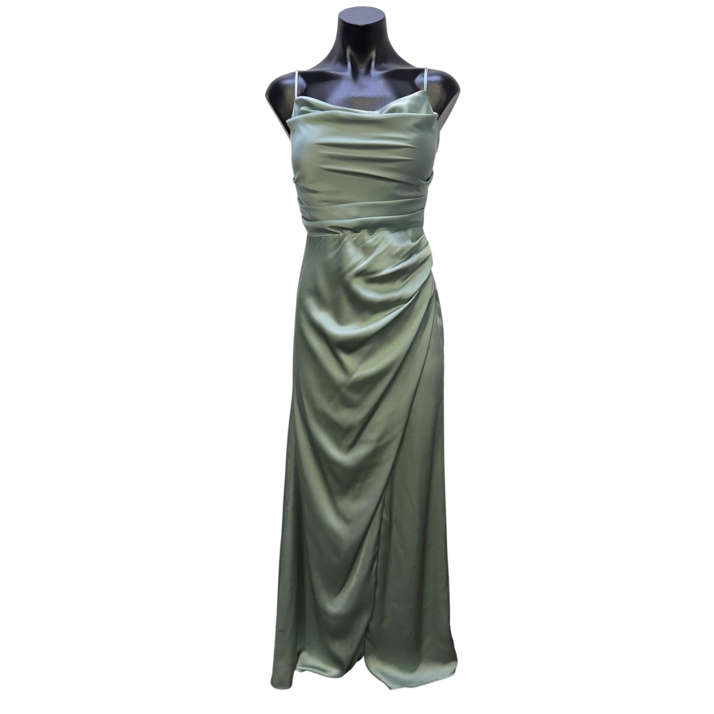 Birdy Grey Aqua Satin Cowl Neck Maxi Dress With Side Drape XS