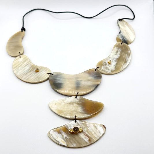 Buffalo Horn Statement Necklace With Asymmetrical Panels & Gold-Tone Accents