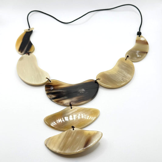Buffalo Horn Statement Necklace With Asymmetrical Panels & Gold-Tone Accents