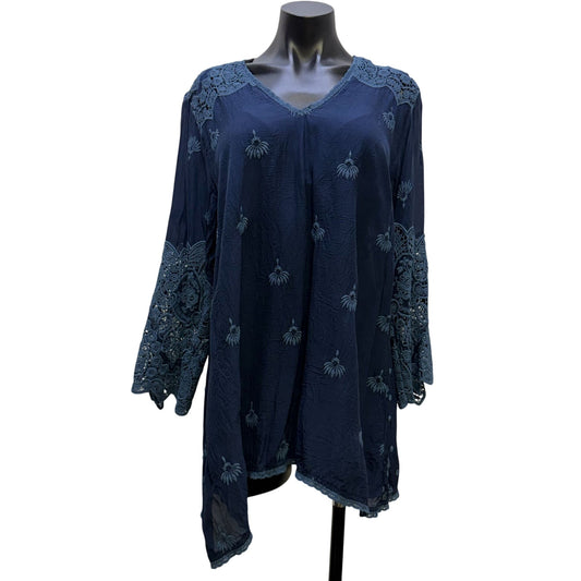 Johnny Was Blue Embroidered Tunic Blouse M
